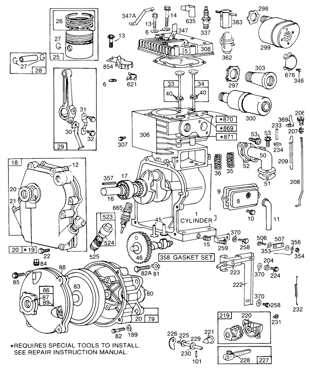 Cylinder,crankcase,gear Case Diagram and Parts List for 80302-0378-XX  Briggs and Stratton Engine